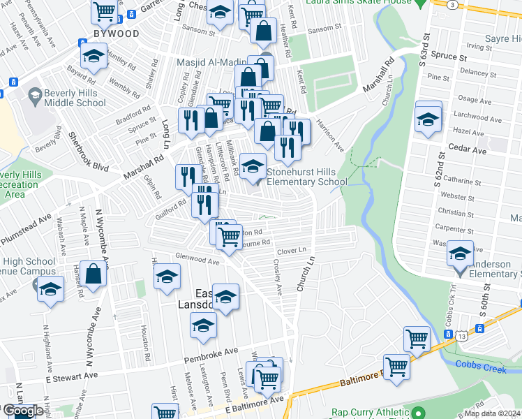 map of restaurants, bars, coffee shops, grocery stores, and more near 234 Guilford Road in Lansdowne