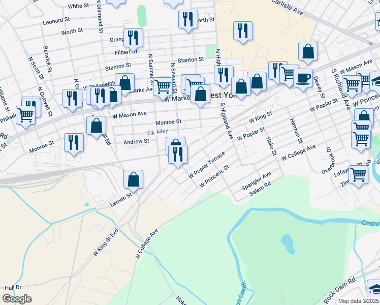 map of restaurants, bars, coffee shops, grocery stores, and more near 1569 West King Street in West York