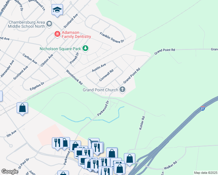 map of restaurants, bars, coffee shops, grocery stores, and more near 2229 Grand Point Road in Chambersburg