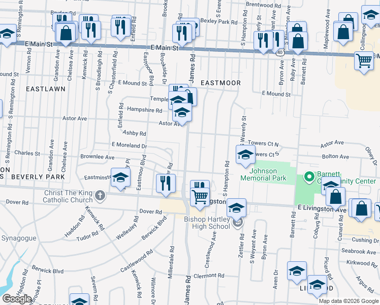 map of restaurants, bars, coffee shops, grocery stores, and more near 1053 South James Road in Columbus