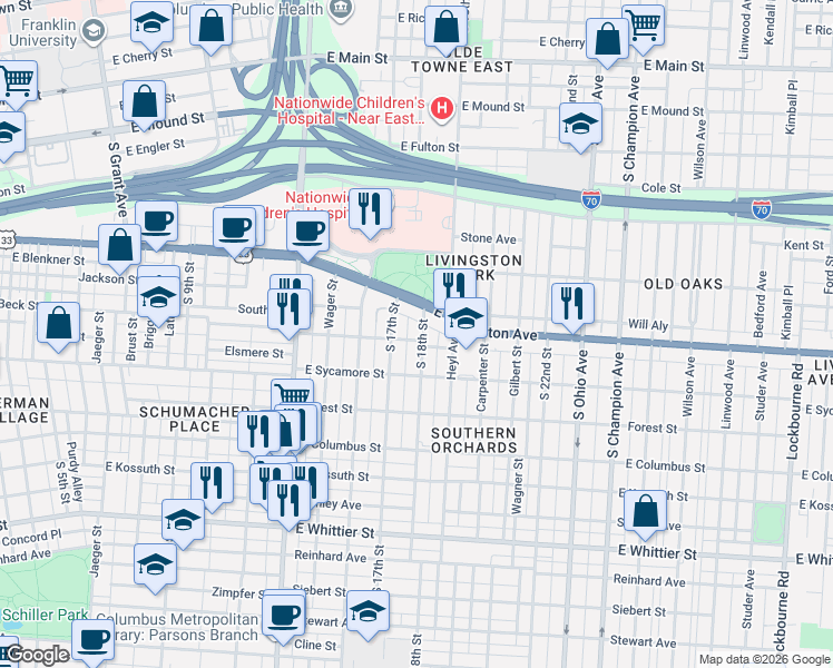 map of restaurants, bars, coffee shops, grocery stores, and more near 720 South 17th Street in Columbus