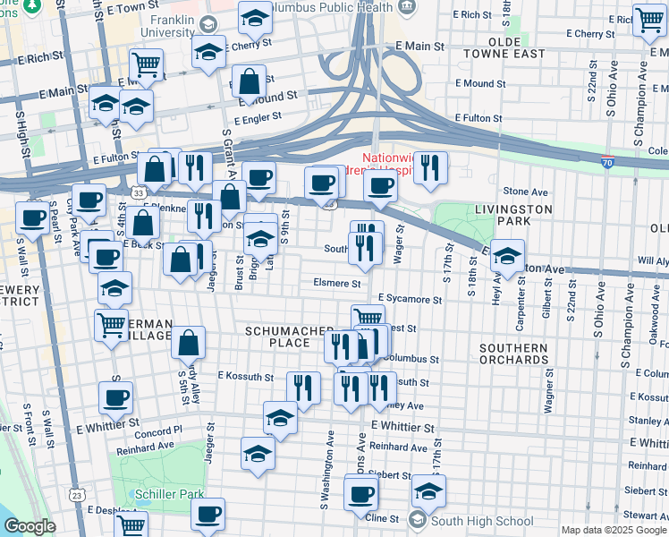 map of restaurants, bars, coffee shops, grocery stores, and more near 500 Elsmere Street in Columbus