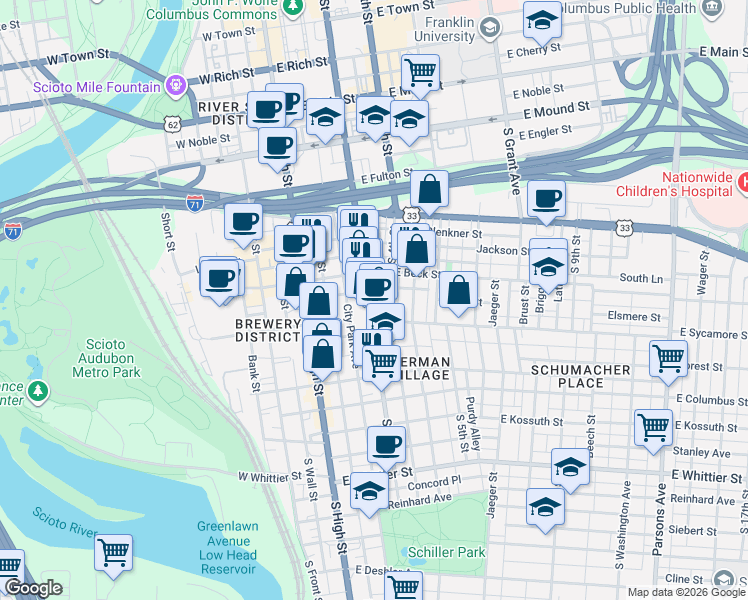 map of restaurants, bars, coffee shops, grocery stores, and more near 630 South 3rd Street in Columbus