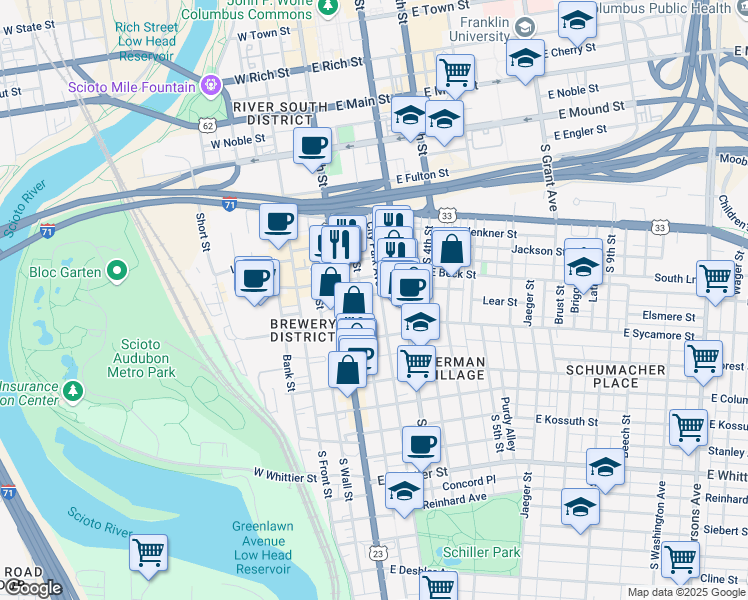 map of restaurants, bars, coffee shops, grocery stores, and more near 600 South Pearl Street in Columbus