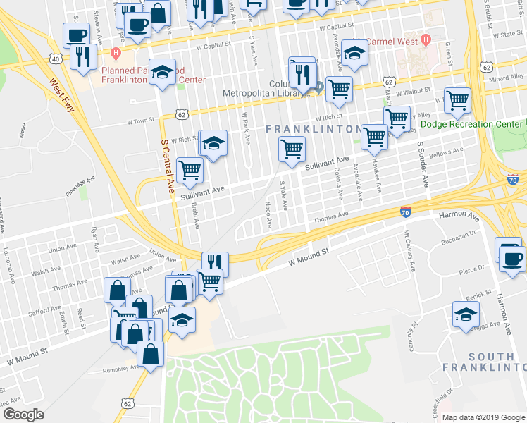 map of restaurants, bars, coffee shops, grocery stores, and more near 437 Nace Avenue in Columbus