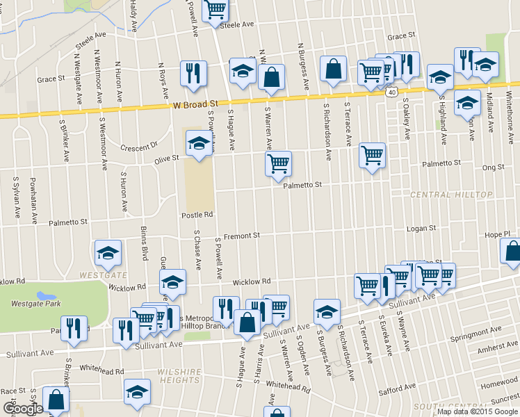 map of restaurants, bars, coffee shops, grocery stores, and more near 265 South Warren Avenue in Columbus