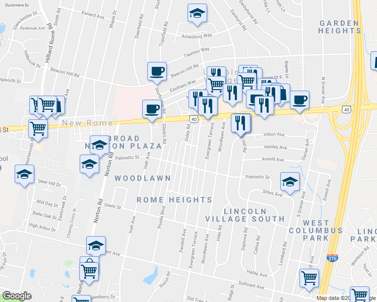 map of restaurants, bars, coffee shops, grocery stores, and more near 121 Fernhill Avenue in Columbus