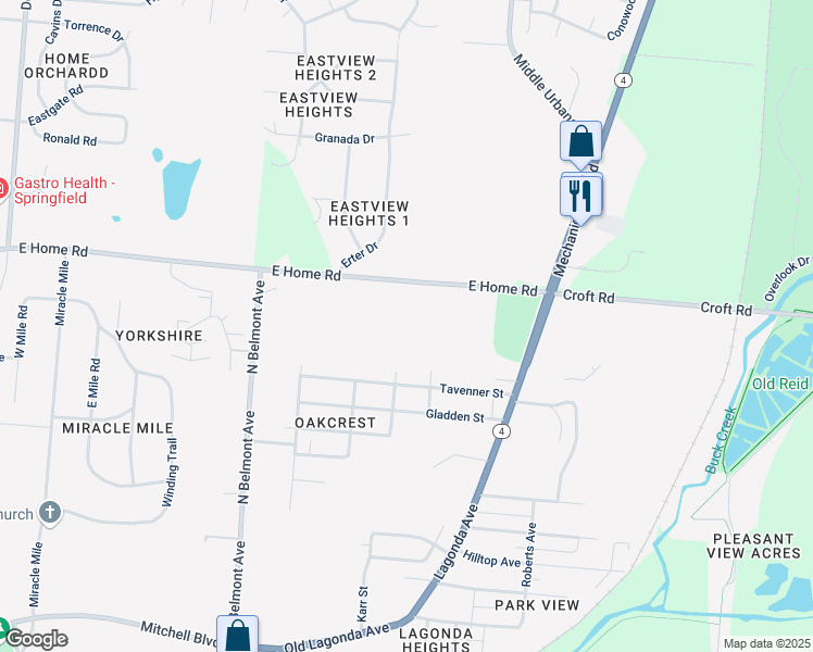 map of restaurants, bars, coffee shops, grocery stores, and more near 2317 East Home Road in Springfield