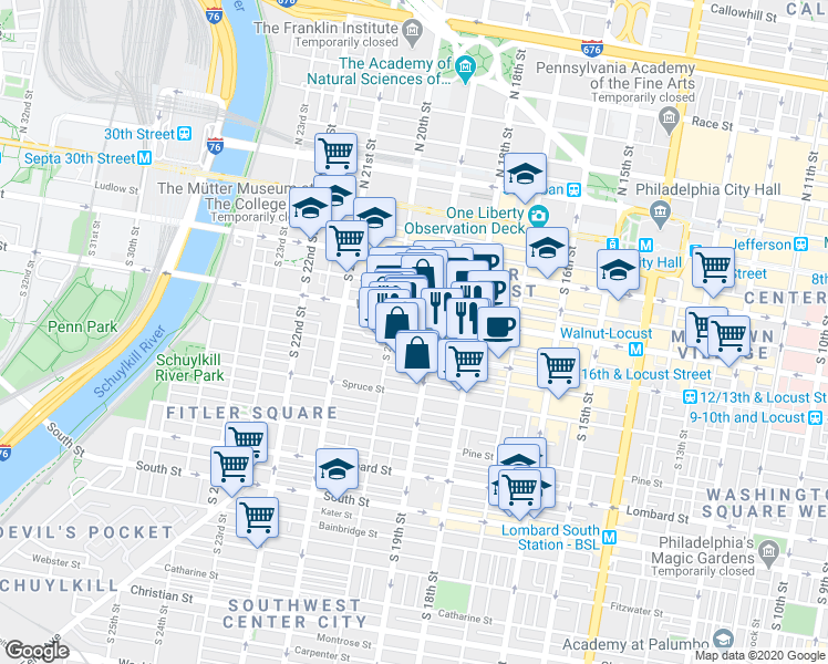 map of restaurants, bars, coffee shops, grocery stores, and more near 210 West Rittenhouse Square in Philadelphia