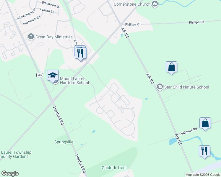 map of restaurants, bars, coffee shops, grocery stores, and more near 2403A Shurlock Court in Mount Laurel Township