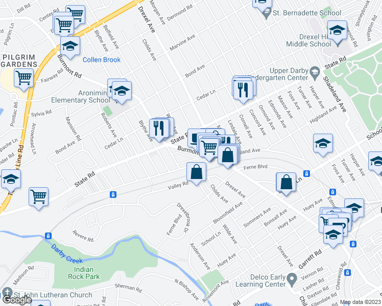 map of restaurants, bars, coffee shops, grocery stores, and more near 740-748 Burmont Road in Upper Darby