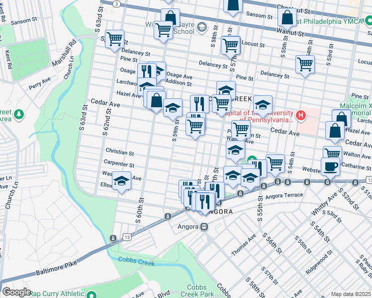 map of restaurants, bars, coffee shops, grocery stores, and more near 5828 Webster Street in Philadelphia