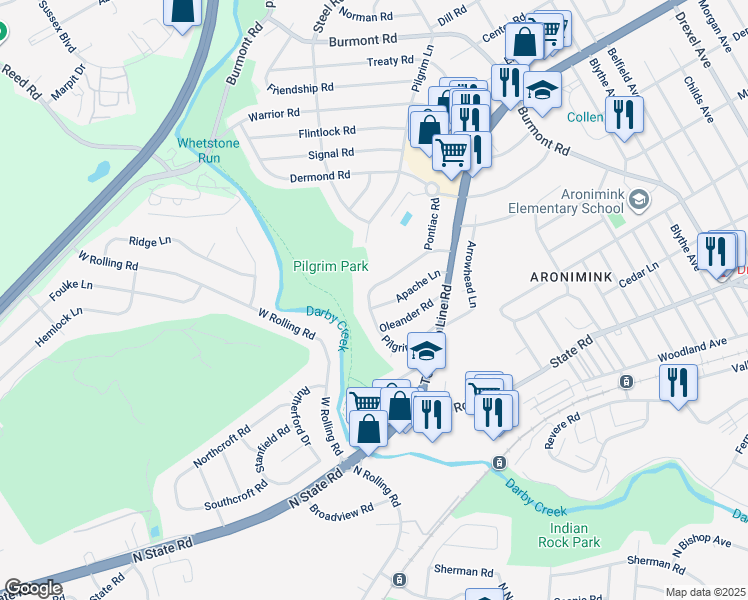 map of restaurants, bars, coffee shops, grocery stores, and more near 5265 Apache Lane in Drexel Hill