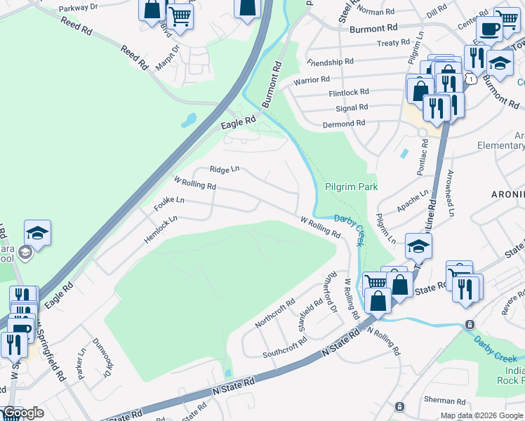map of restaurants, bars, coffee shops, grocery stores, and more near 459 Foulke Lane in Springfield
