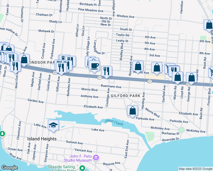 map of restaurants, bars, coffee shops, grocery stores, and more near 54 Coolidge Avenue in Toms River