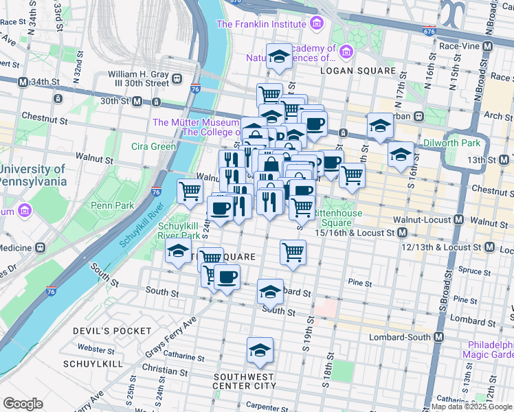 map of restaurants, bars, coffee shops, grocery stores, and more near 2125 Locust Street in Philadelphia