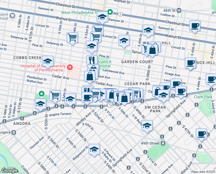 map of restaurants, bars, coffee shops, grocery stores, and more near 5042 Cedar Avenue in Philadelphia