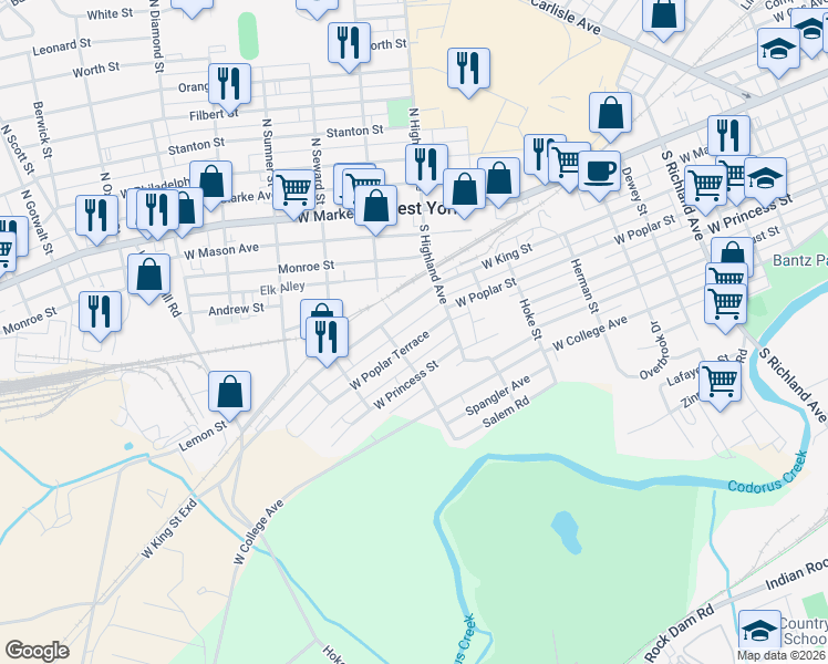 map of restaurants, bars, coffee shops, grocery stores, and more near 1484 West Poplar Terrace in West York
