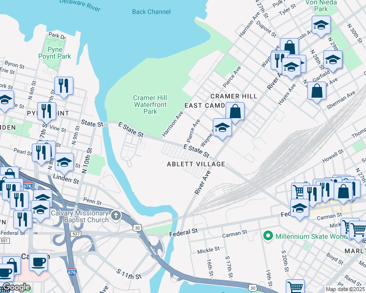 map of restaurants, bars, coffee shops, grocery stores, and more near 1198 East State Street in Camden