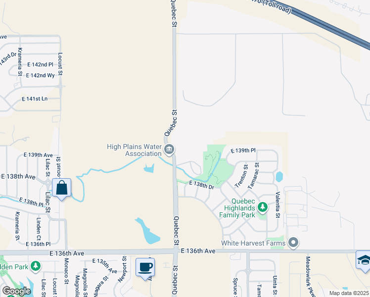 map of restaurants, bars, coffee shops, grocery stores, and more near 13950 Quebec Street in Thornton