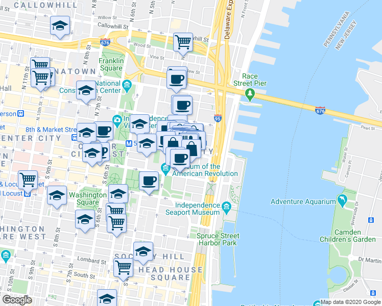 map of restaurants, bars, coffee shops, grocery stores, and more near Market Street & South 2nd Street in Philadelphia