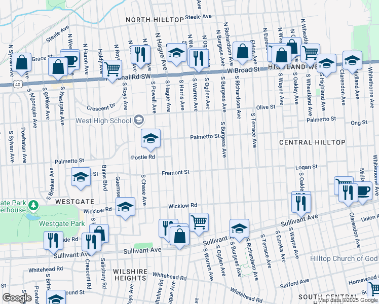 map of restaurants, bars, coffee shops, grocery stores, and more near 265 South Warren Avenue in Columbus