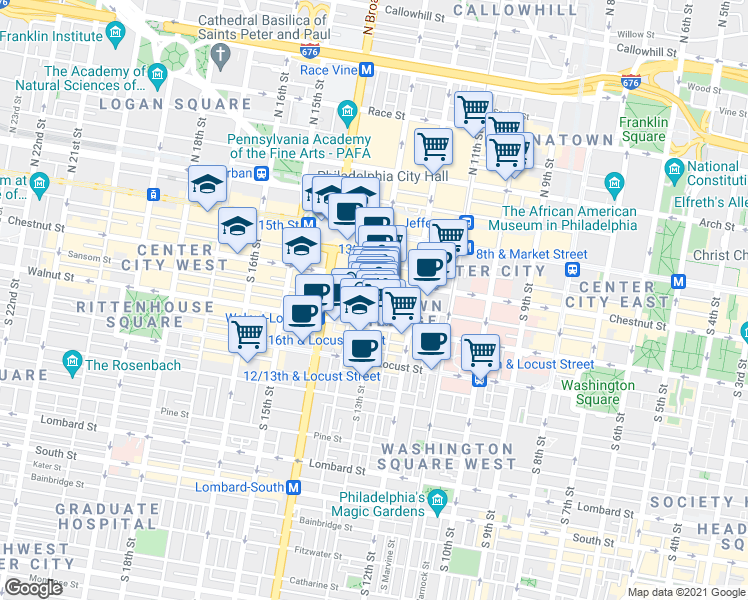 map of restaurants, bars, coffee shops, grocery stores, and more near 2 South 13th Street in Philadelphia