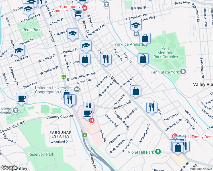 map of restaurants, bars, coffee shops, grocery stores, and more near 157 Springdale Road in York