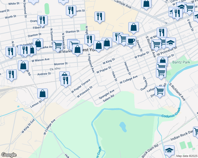 map of restaurants, bars, coffee shops, grocery stores, and more near 1401 Allenbrook Alley in West York