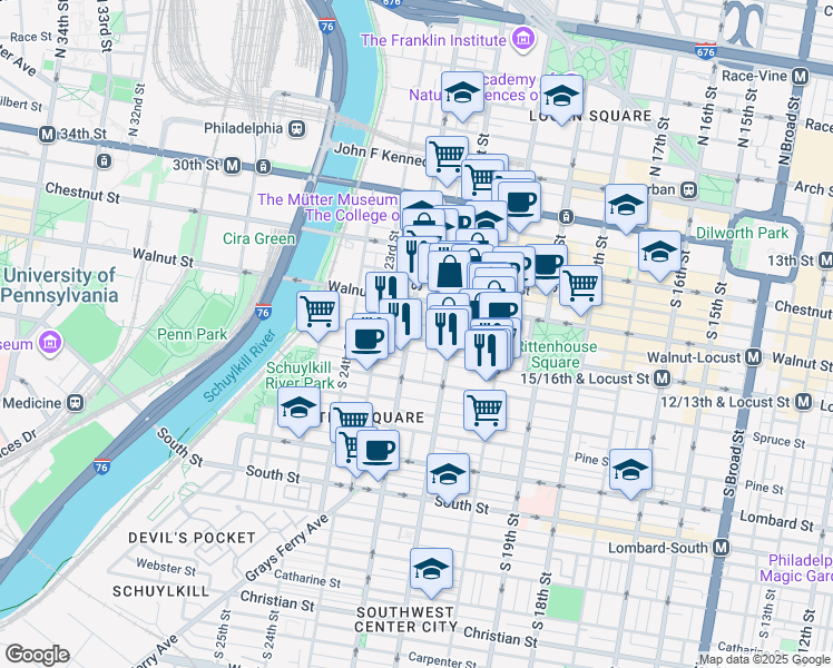map of restaurants, bars, coffee shops, grocery stores, and more near 2141 Locust Street in Philadelphia