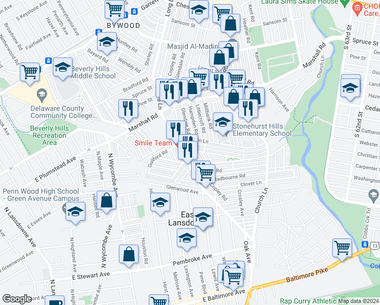 map of restaurants, bars, coffee shops, grocery stores, and more near 606 Copley Road in Upper Darby
