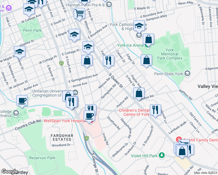 map of restaurants, bars, coffee shops, grocery stores, and more near 157 Springdale Road in York