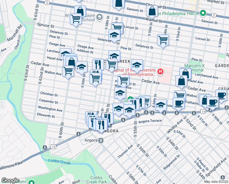 map of restaurants, bars, coffee shops, grocery stores, and more near 5636 Catharine Street in Philadelphia