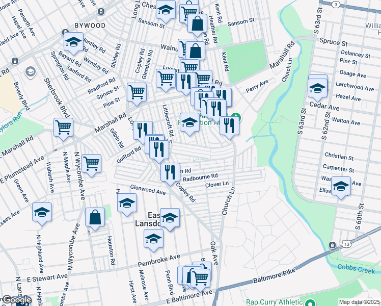 map of restaurants, bars, coffee shops, grocery stores, and more near 7009 Guilford Road in Upper Darby
