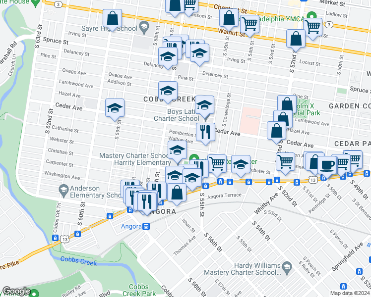 map of restaurants, bars, coffee shops, grocery stores, and more near 698 South 56th Street in Philadelphia