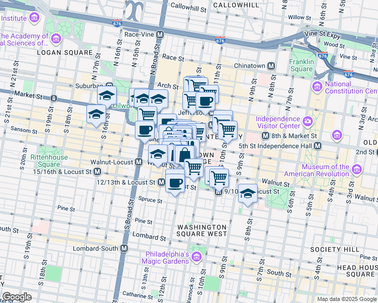 map of restaurants, bars, coffee shops, grocery stores, and more near 1125 Sansom Street in Philadelphia