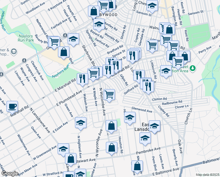 map of restaurants, bars, coffee shops, grocery stores, and more near 241 Coverly Road in Lansdowne