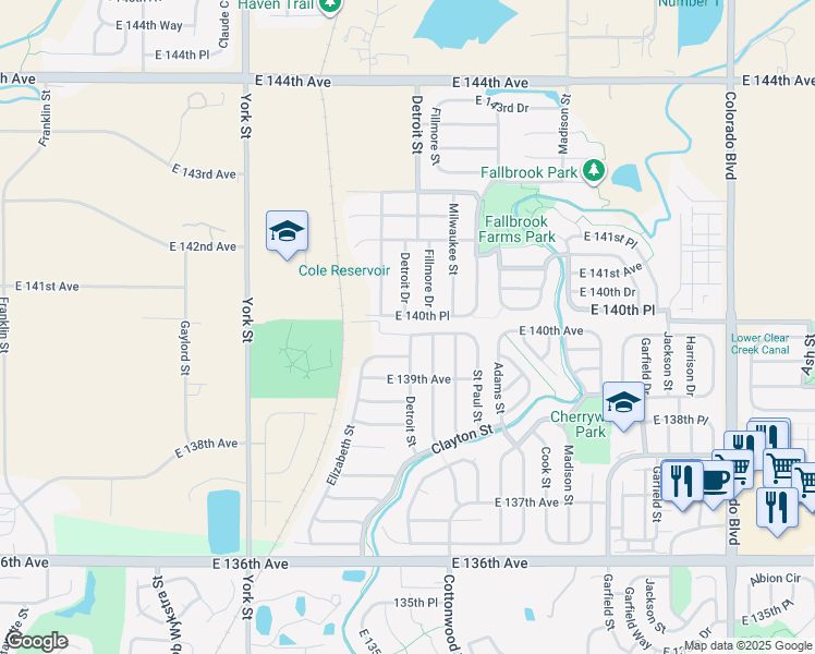 map of restaurants, bars, coffee shops, grocery stores, and more near 2748 East 140th Avenue in Thornton