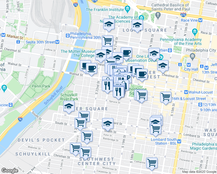 map of restaurants, bars, coffee shops, grocery stores, and more near 2135 Saint James street in Philadelphia