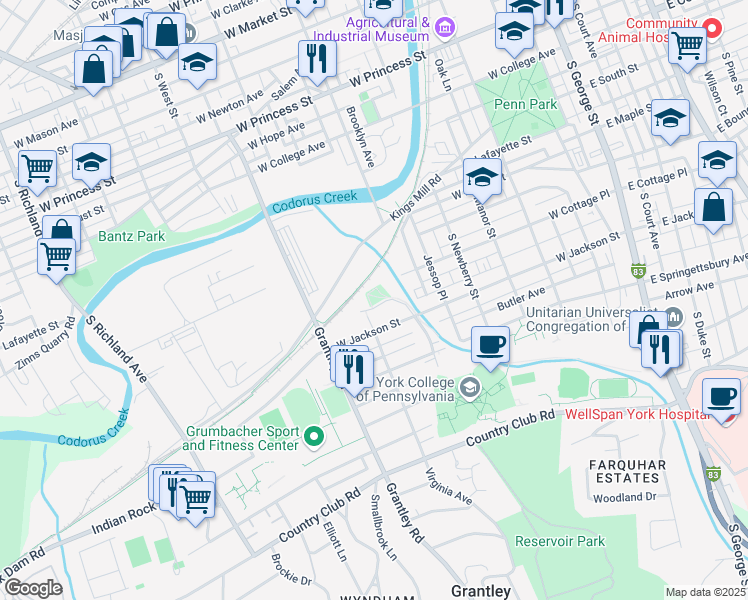 map of restaurants, bars, coffee shops, grocery stores, and more near 725 Grantley Road in York