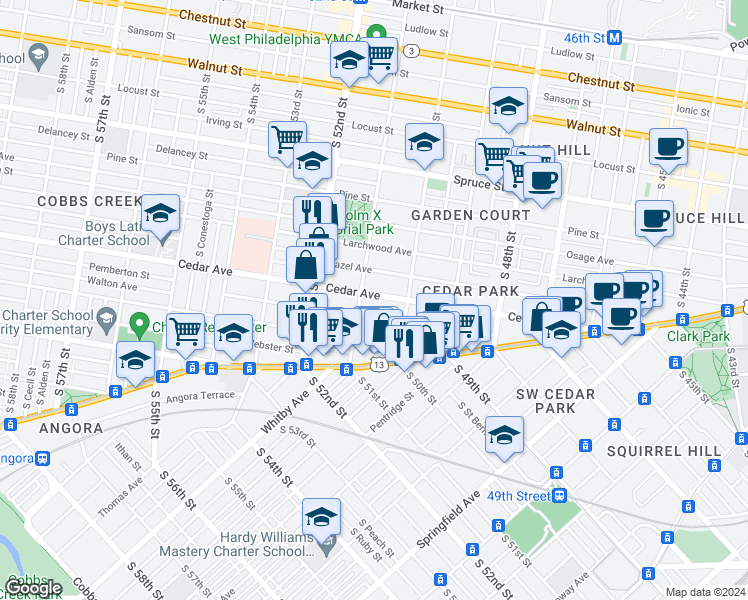 map of restaurants, bars, coffee shops, grocery stores, and more near 5036 Cedar Avenue in Philadelphia