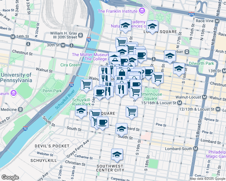 map of restaurants, bars, coffee shops, grocery stores, and more near 2141 Locust Street in Philadelphia