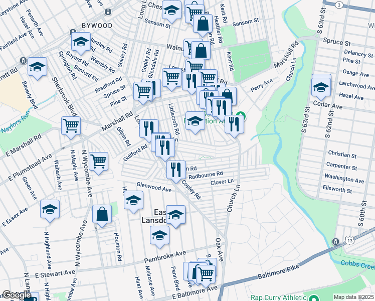 map of restaurants, bars, coffee shops, grocery stores, and more near 7035 Guilford Road in Upper Darby