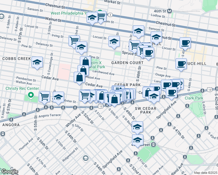 map of restaurants, bars, coffee shops, grocery stores, and more near Cedar Ave & S 50th St in Philadelphia