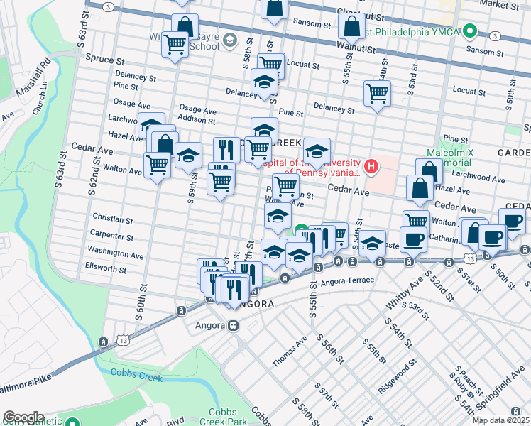map of restaurants, bars, coffee shops, grocery stores, and more near 5636 Catharine Street in Philadelphia