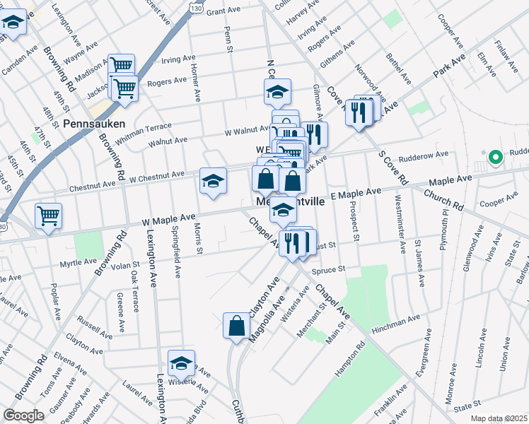 map of restaurants, bars, coffee shops, grocery stores, and more near 1 West Maple Avenue in Merchantville