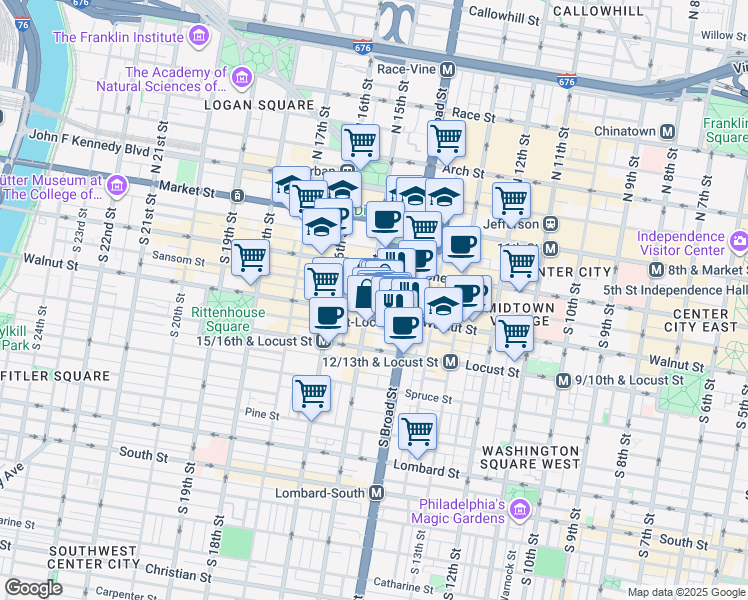 map of restaurants, bars, coffee shops, grocery stores, and more near 135 South 15th Street in Philadelphia