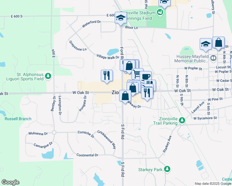 map of restaurants, bars, coffee shops, grocery stores, and more near 1455 West Oak Street in Zionsville