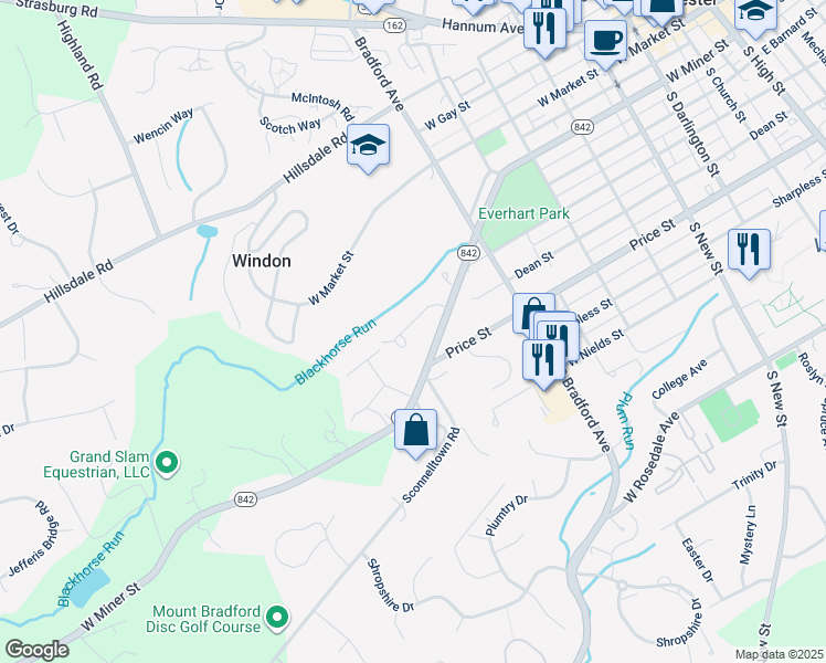 map of restaurants, bars, coffee shops, grocery stores, and more near 712 Mercers Mill Lane in West Chester