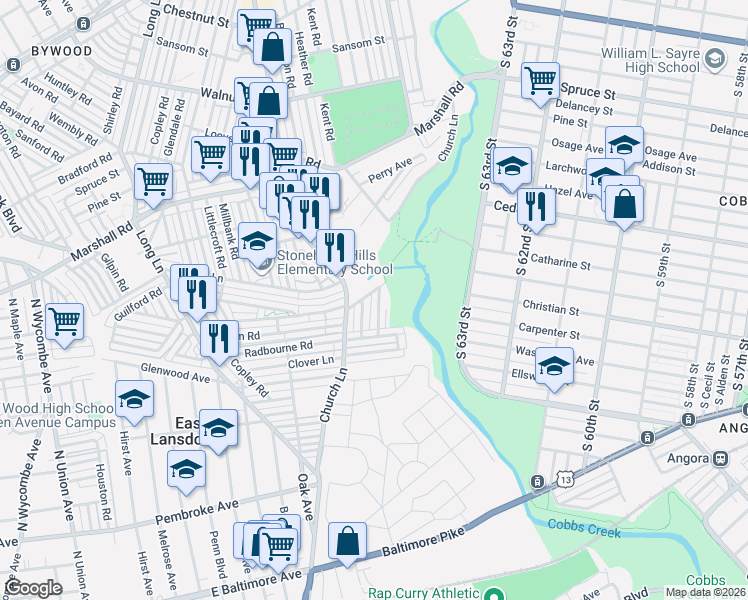 map of restaurants, bars, coffee shops, grocery stores, and more near 626 Briarcliff Road in Delaware County